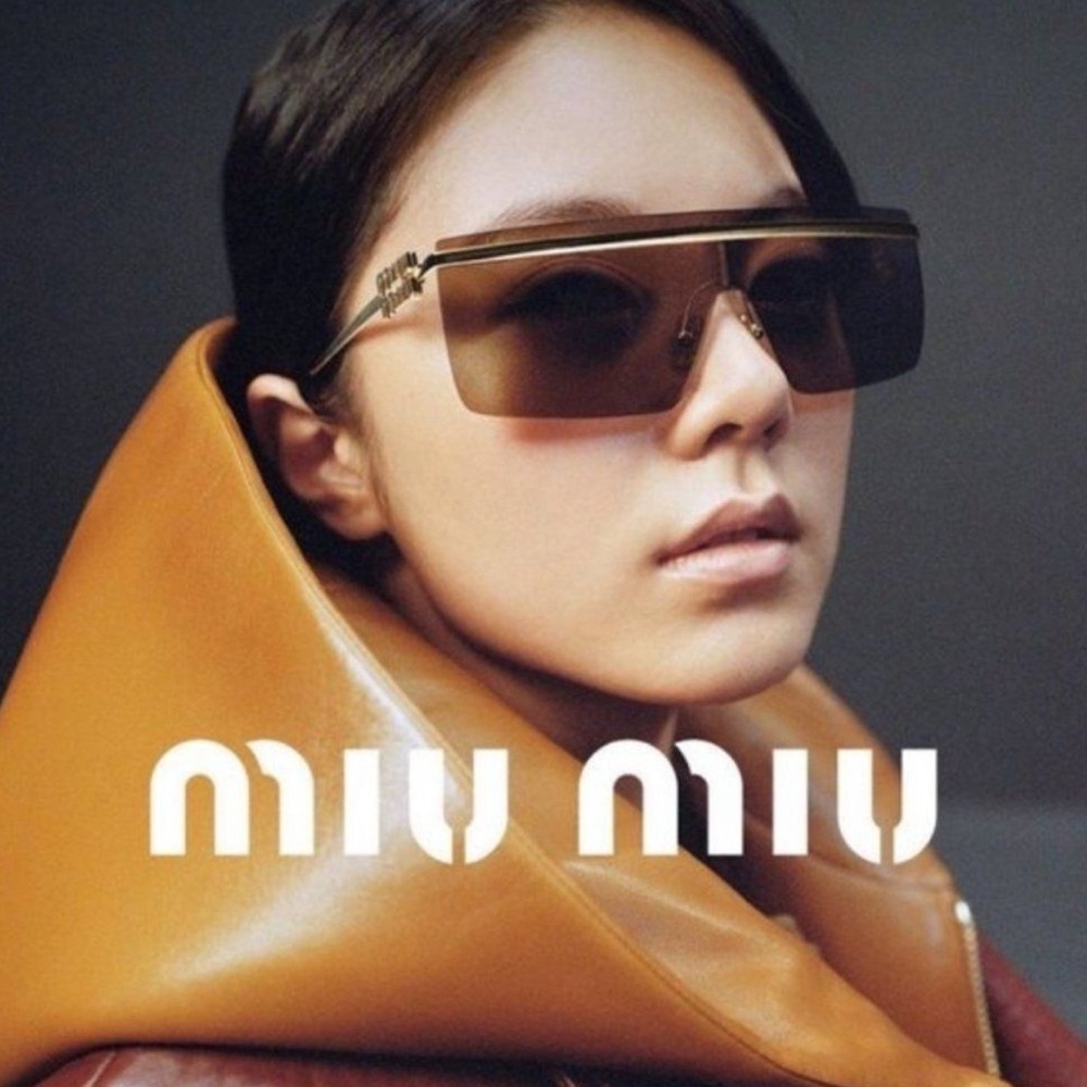 EUC Miu Miu Shield Sunglasses Style MU50ZS Pale Gold/Brown w/cloth & case
